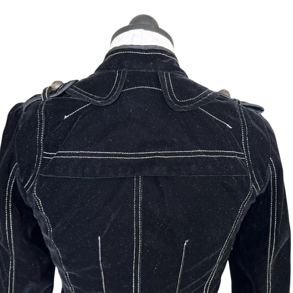 Aziz Black Velvet Military Style Jacket Zip Front Epaulets Bronze Buttons Small - Picture 6 of 14